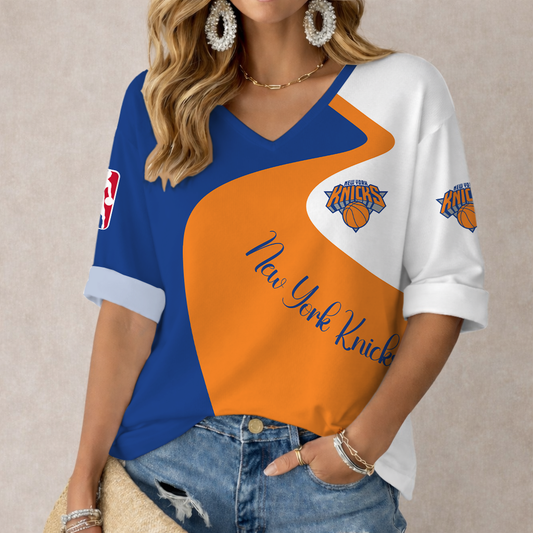 FINAL SALE - NEW CUSTOMIZED NBA04 NYK NEW YORK KNICKS WOMEN'S V-NECK LONG SLEEVE SHIRT