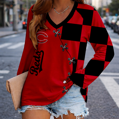 LIMITED EDITION - NEW CUSTOMIZED MLB05 CRS CINCINNATI REDS WOMEN'S V-NECK LONG SLEEVED SHIRT