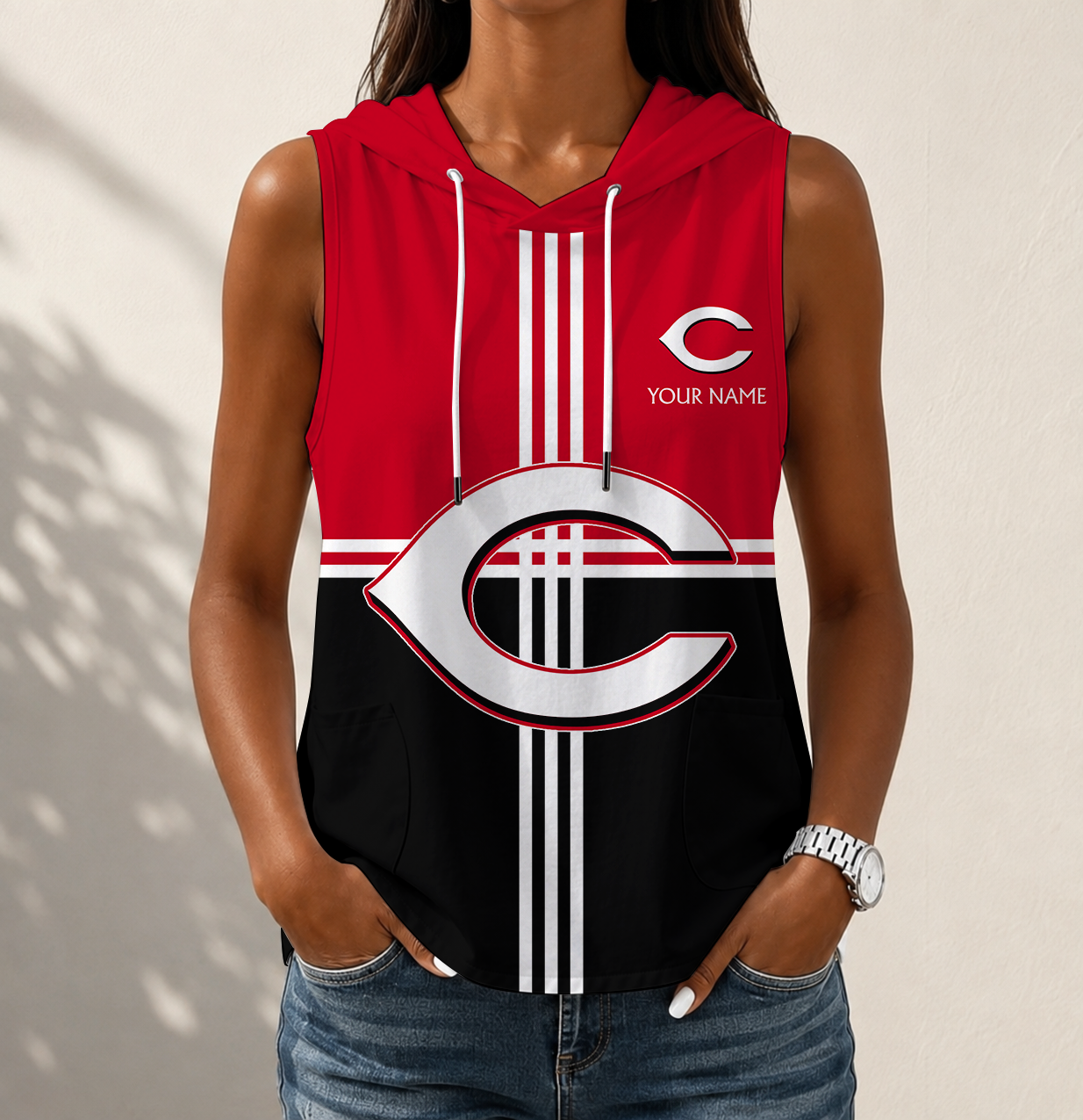 VIRAL EDITION - NEW CUSTOMIZED MLB05 CRS CINCINNATI REDS WOMEN'S SLEEVELESS HOODED POCKET TANK TOP