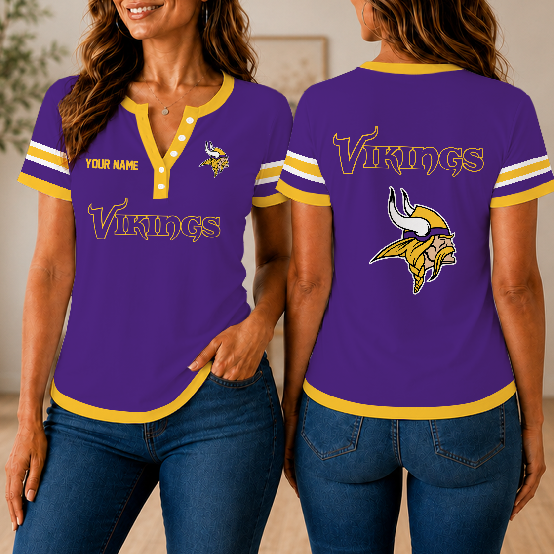 SPECIAL EDITION - NEW CUSTOMIZED NFL05 MVK MINNESOTA VIKINGS WOMEN'S SHORT SLEEVE HENLEY T-SHIRT