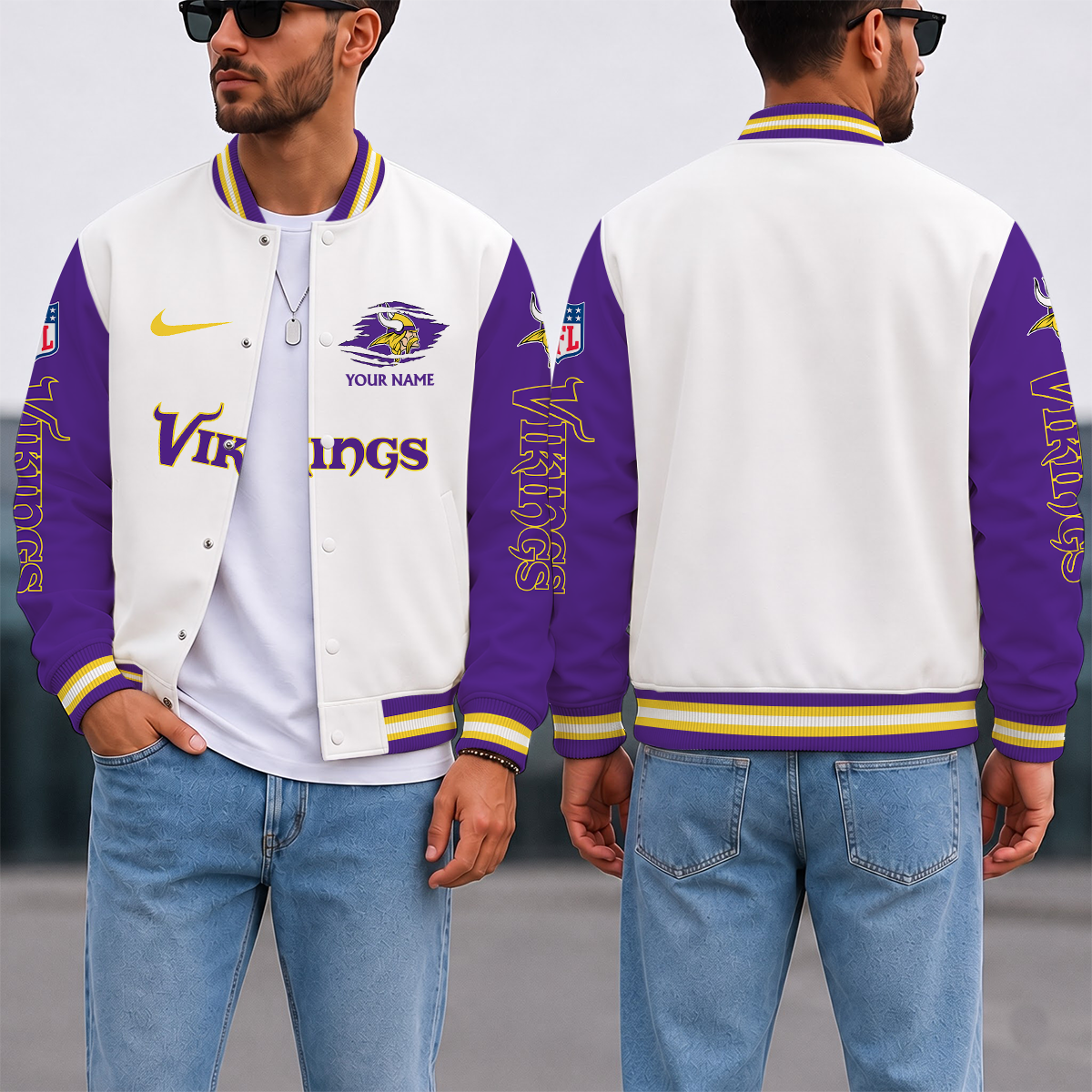 SPECIAL EDITION - NEW CUSTOMIZED NFL05 MVK MINNESOTA VIKINGS SATIN VARSITY & BASEBALL JACKET