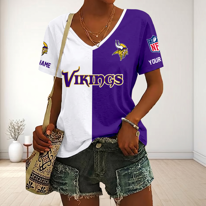 VIRAL EDITION - NEW CUSTOMIZED NFL05 MVK MINNESOTA VIKINGS V-NECK FEMALE SHIRT