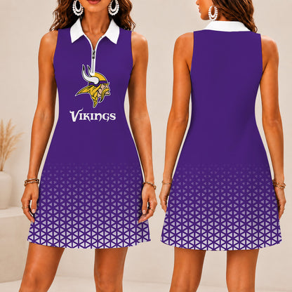LIMITED EDITION - NEW CUSTOMIZED NFL05 MVK MINNESOTA VIKINGS WOMEN'S ZIP SLEEVELESS POLO DRESS