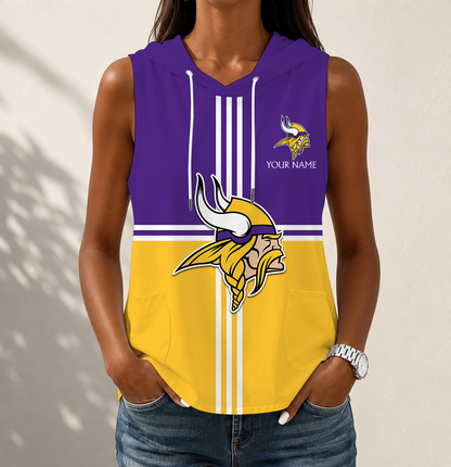 FINAL SALE - NEW CUSTOMIZED NFL05 MVK MINNESOTA VIKINGS WOMEN'S SLEEVELESS HOODED POCKET TANK TOP