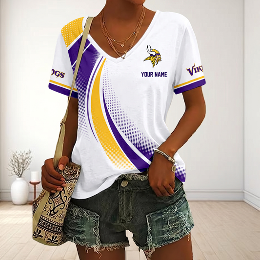 FINAL SALE - NEW CUSTOMIZED NFL05 MVK MINNESOTA VIKINGS V-NECK FEMALE SHIRT