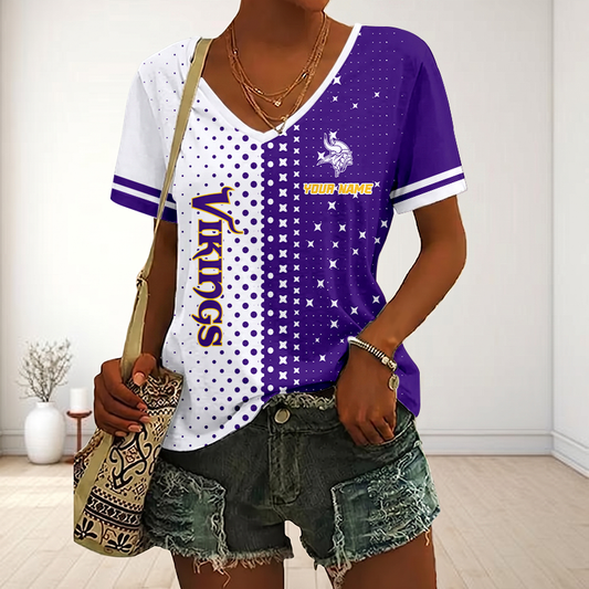 FINAL SALE - NEW CUSTOMIZED NFL05 MVK MINNESOTA VIKINGS V-NECK FEMALE SHIRT