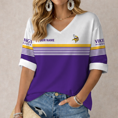 LIMITED EDITION - NEW CUSTOMIZED NFL05 MVK MINNESOTA VIKINGS WOMEN'S HEART V-NECK LONG SLEEVE SHIRT