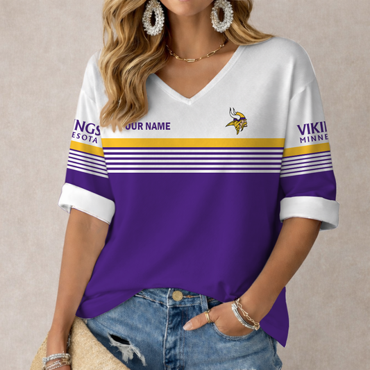 LIMITED EDITION - NEW CUSTOMIZED NFL05 MVK MINNESOTA VIKINGS WOMEN'S HEART V-NECK LONG SLEEVE SHIRT