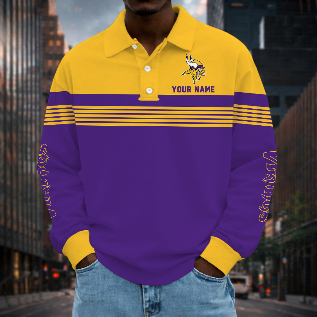 EXCLUSIVE EDITION - NEW CUSTOMIZED NFL05 MVK MINNESOTA VIKINGS LONG SLEEVE POLO SHIRT
