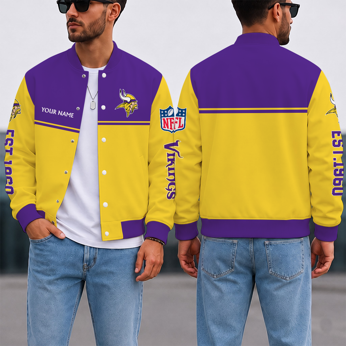 FINAL SALE - NEW CUSTOMIZED NFL05 MVK MINNESOTA VIKINGS SATIN VARSITY & BASEBALL JACKET