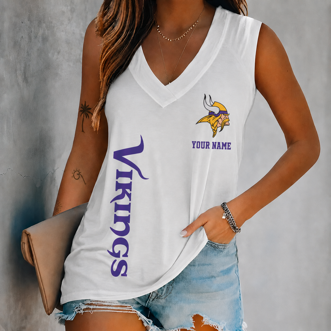 LIMITED EDITION - NEW CUSTOMIZED NFL05 MVK MINNESOTA VIKINGS WOMEN'S V-NECK TANK TOP