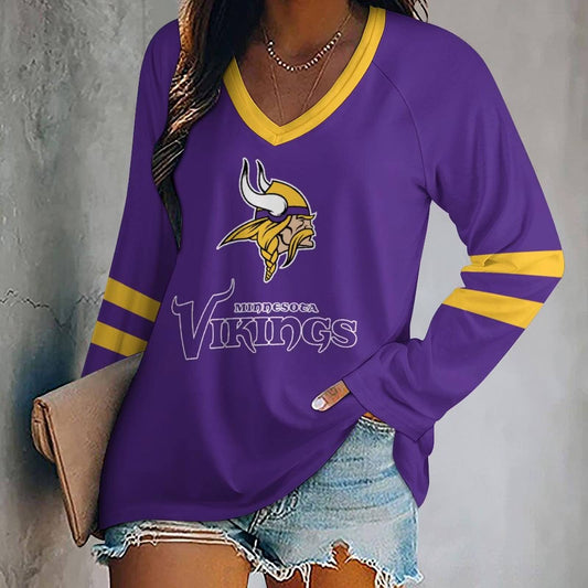 FLASH SALE - NEW CUSTOMIZED NFL05 MVK MINNESOTA VIKINGS WOMEN'S V-NECK LONG SLEEVED SHIRT