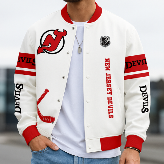 LIMITED EDITION - NEW CUSTOMIZED NHL06 NJD NJ DEVILS BASEBALL JACKET, SATIN VARSITY JACKET