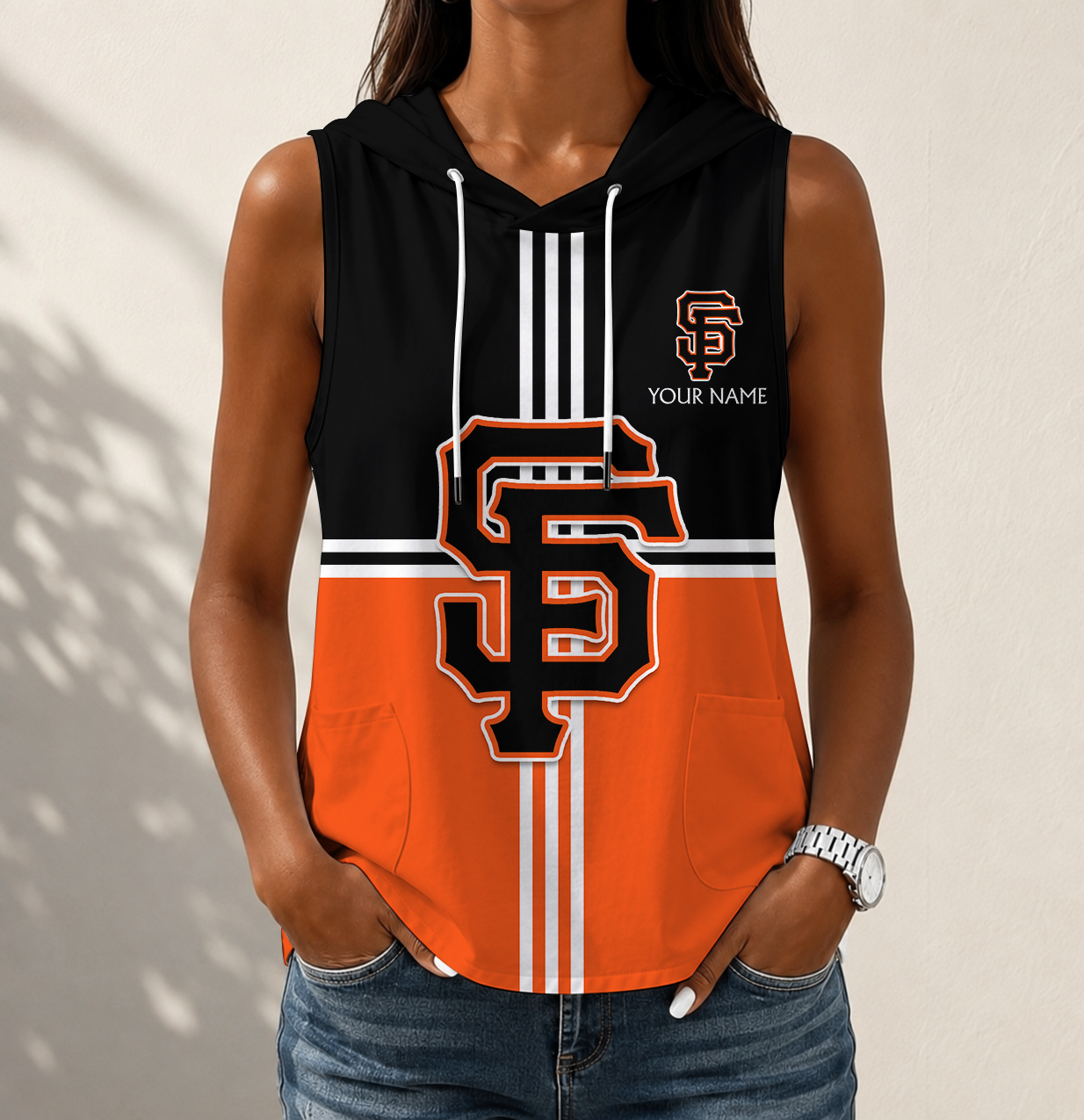 VIRAL EDITION - NEW CUSTOMIZED MLB06 SFG SAN FRANCISCO GIANTS WOMEN'S SLEEVELESS HOODED POCKET TANK TOP