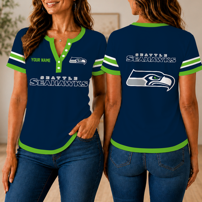 SPECIAL EDITION - NEW CUSTOMIZED NFL06 SSH SEATTLE SEAHAWKS WOMEN'S SHORT SLEEVE HENLEY T-SHIRT