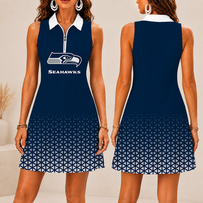 LIMITED EDITION - NEW CUSTOMIZED NFL06 SSH SEATTLE SEAHAWKS WOMEN'S ZIP SLEEVELESS POLO DRESS