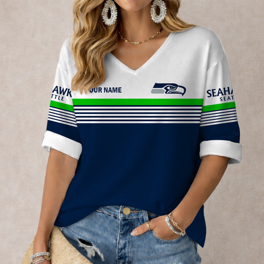 LIMITED EDITION - NEW CUSTOMIZED NFL06 SSH SEATTLE SEAHAWKS WOMEN'S HEART V-NECK LONG SLEEVE SHIRT