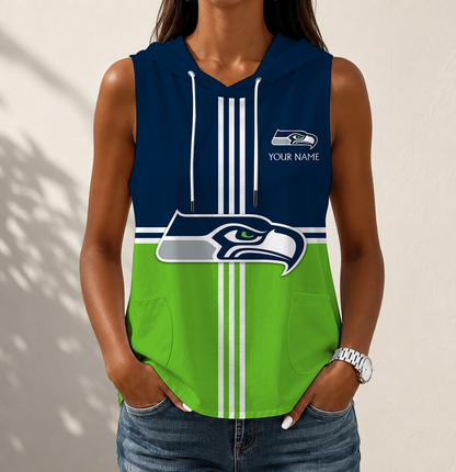 FINAL SALE - NEW CUSTOMIZED NFL06 SSH SEATTLE SEAHAWKS WOMEN'S SLEEVELESS HOODED POCKET TANK TOP