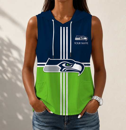 FINAL SALE - NEW CUSTOMIZED NFL06 SSH SEATTLE SEAHAWKS WOMEN'S SLEEVELESS HOODED POCKET TANK TOP