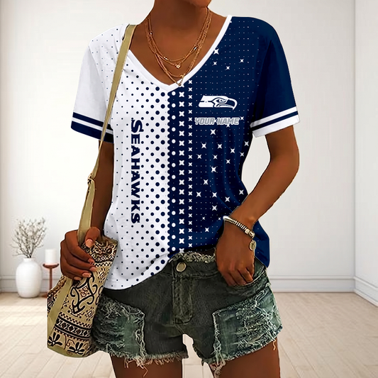 FINAL SALE - NEW CUSTOMIZED NFL06 SSH SEATLLE SEAHAWKS V-NECK FEMALE SHIRT
