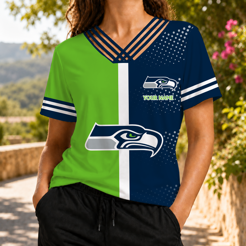 VIRAL EDITION - NEW CUSTOMIZED NFL06 SSH SEATTLE SEAHAWKS V-NECK SHIRT