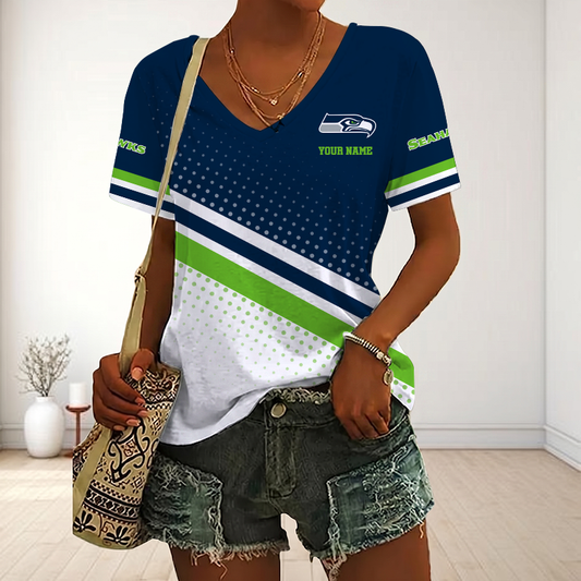 VIRAL EDITION - NEW CUSTOMIZED NFL06 SSH SEATLLE SEAHAWKS V-NECK FEMALE SHIRT