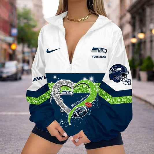 FINAL SALE - NEW CUSTOMIZED NFL06 SSH SEATTLE SEAHAWKS V-NECK ZIPPER SWEATSHIRT JACKET