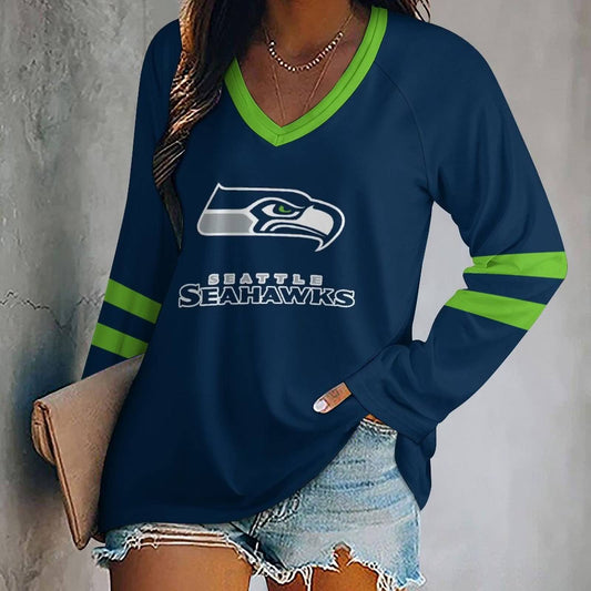 FLASH SALE - NEW CUSTOMIZED NFL06 SSH SEATLLE SEAHAWKS WOMEN'S V-NECK LONG SLEEVED SHIRT