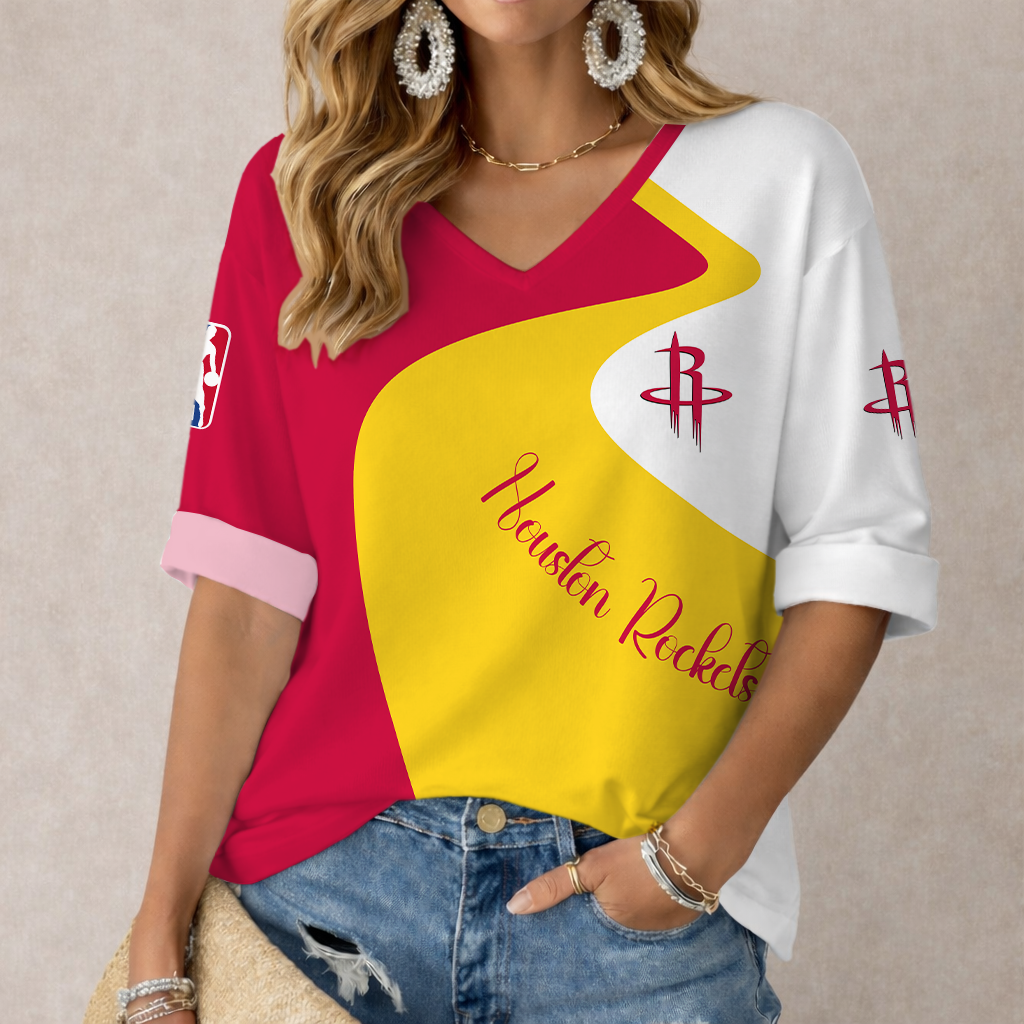 FINAL SALE - NEW CUSTOMIZED NBA07 HRO HOUSTON ROCKETS WOMEN'S V-NECK LONG SLEEVE SHIRT