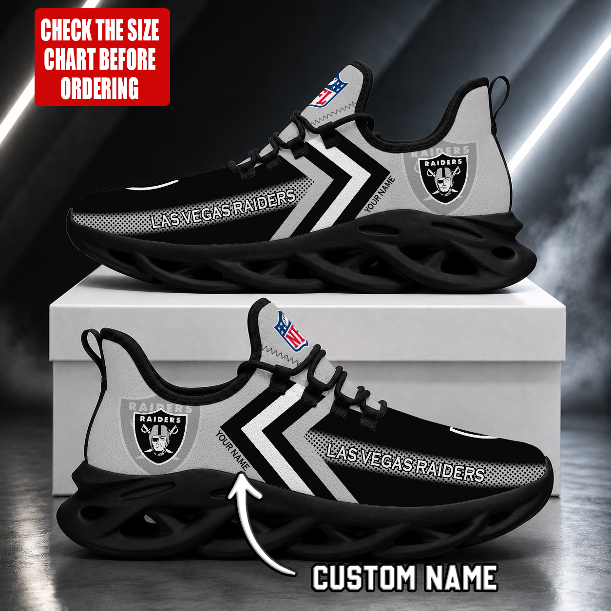 FINAL SALE - NEW CUSTOMIZED NFL07 LVR LAS VEGAS RAIDERS UNISEX MAX SOUL SHOES