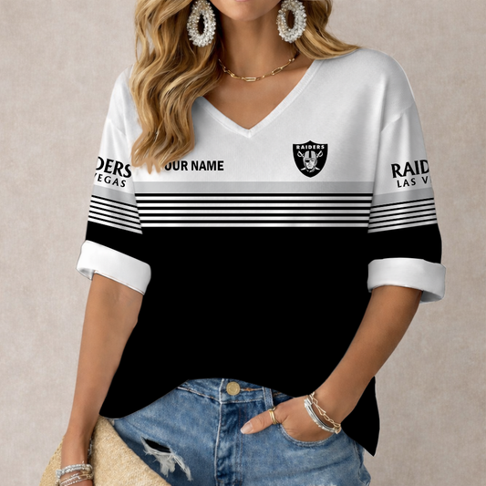 LIMITED EDITION - NEW CUSTOMIZED NFL07 LVR LAS VEGAS RAIDERS WOMEN'S HEART V-NECK LONG SLEEVE SHIRT