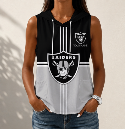 FINAL SALE - NEW CUSTOMIZED NFL07 LVR LAS VEGAS RAIDERS WOMEN'S SLEEVELESS HOODED POCKET TANK TOP