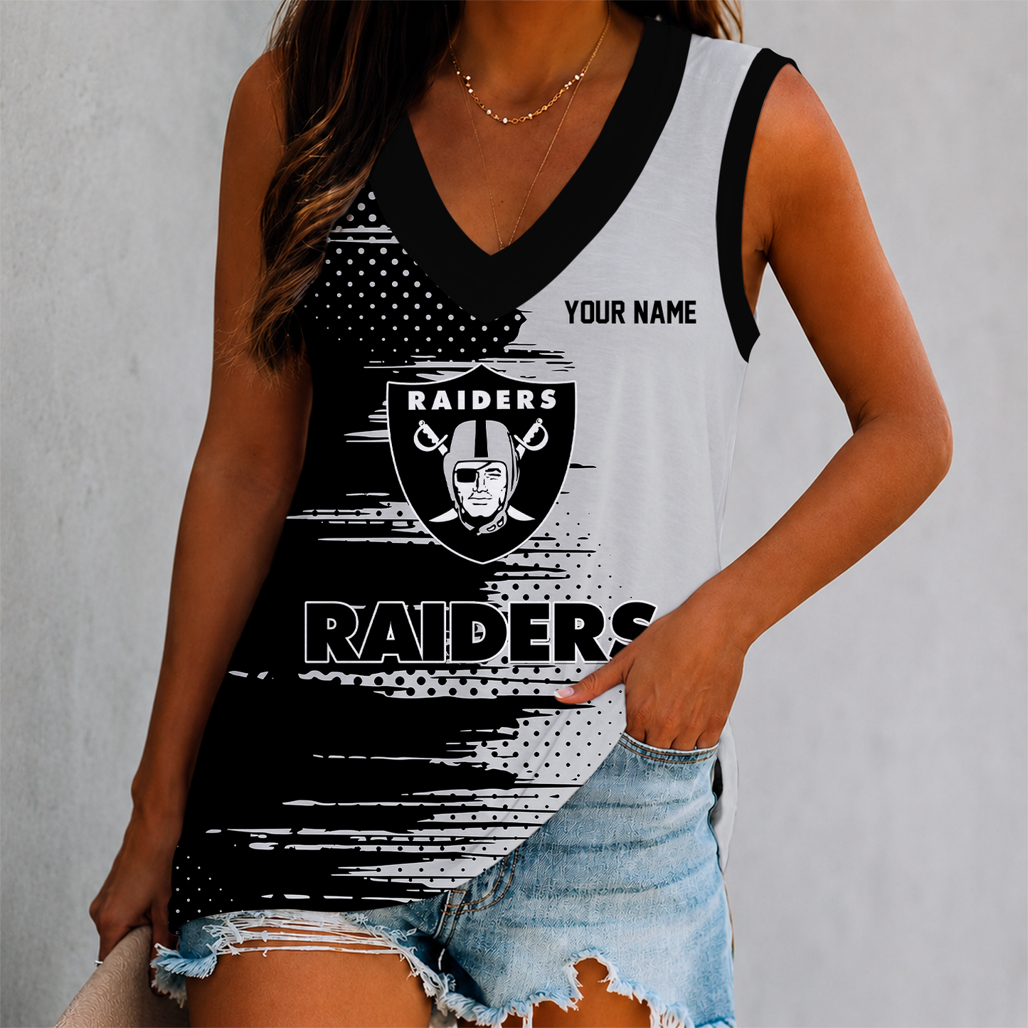 FINAL SALE - NEW CUSTOMIZED NFL07 LVR LAS VEGAS RAIDERS WOMEN'S V-NECK TANK TOP