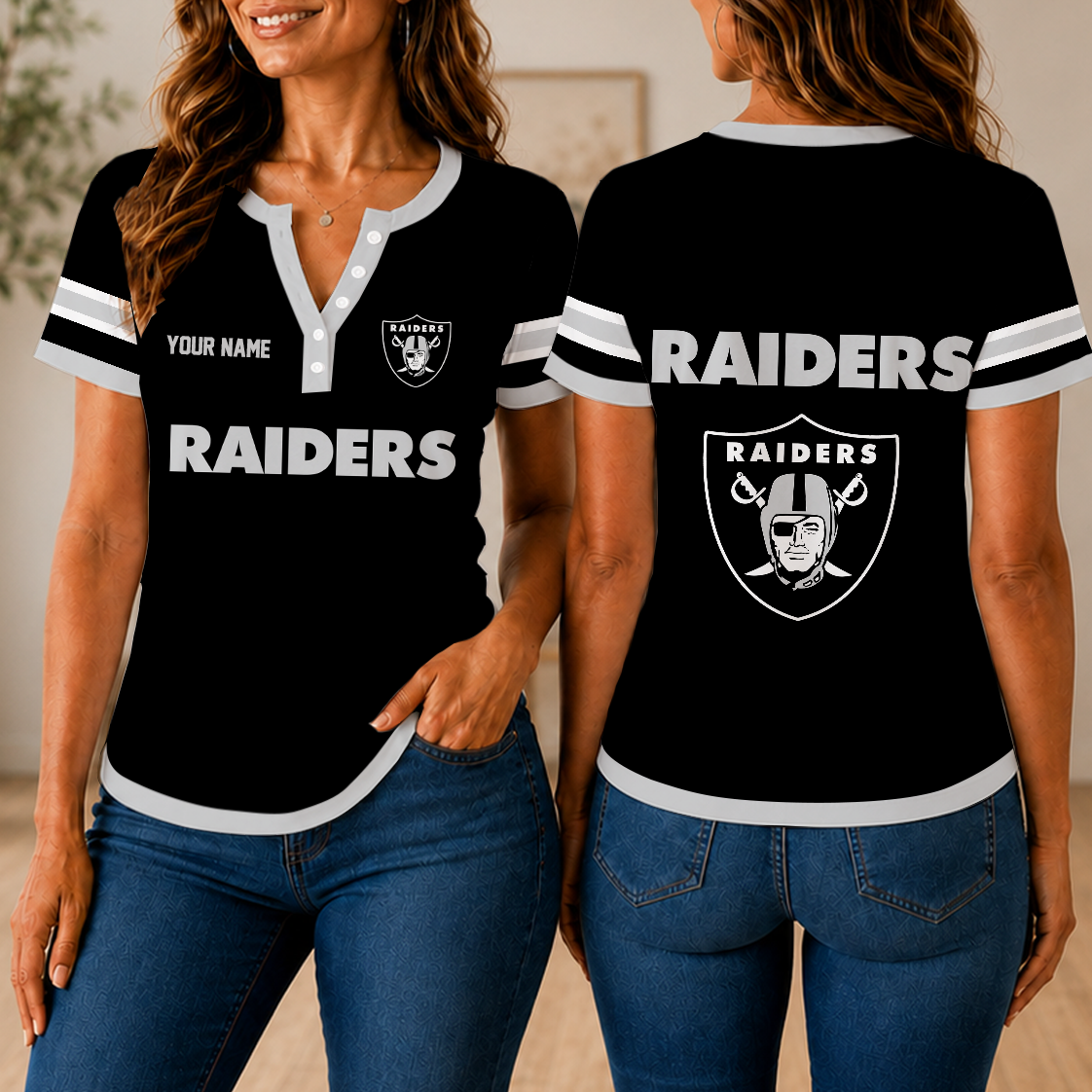SPECIAL EDITION - NEW CUSTOMIZED NFL07 LVR LAS VEGAS RAIDERS WOMEN'S SHORT SLEEVE HENLEY T-SHIRT