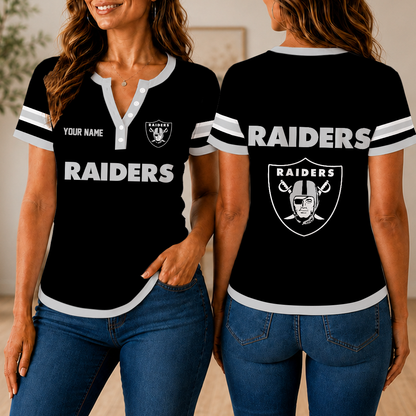 SPECIAL EDITION - NEW CUSTOMIZED NFL07 LVR LAS VEGAS RAIDERS WOMEN'S SHORT SLEEVE HENLEY T-SHIRT
