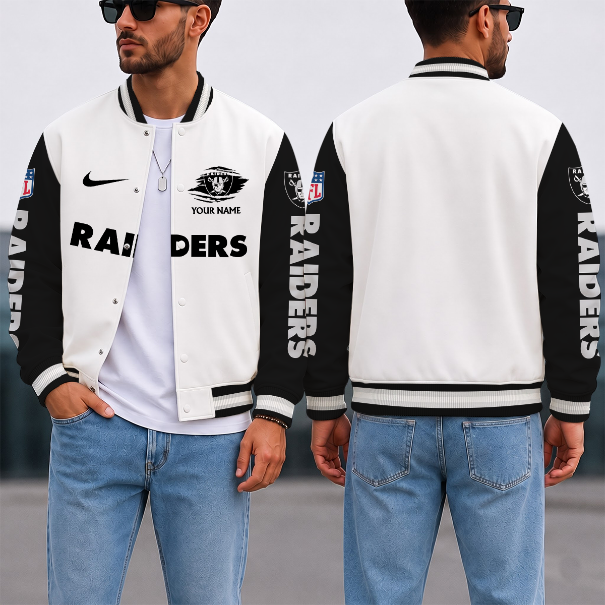 SPECIAL EDITION - NEW CUSTOMIZED NFL07 LVR LAS VEGAS RAIDERS SATIN VARSITY & BASEBALL JACKET