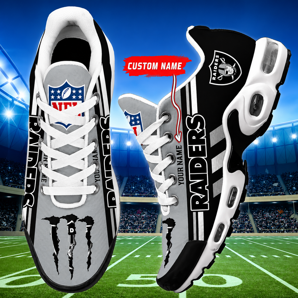 LIMITED EDITION - NEW CUSTOMIZED NFL07 LVR LAS VEGAS RAIDERS AIR MAX PLUS SNEAKERS