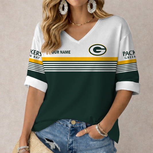 LIMITED EDITION - NEW CUSTOMIZED NFL08 GBP GREEN BAY PACKERS WOMEN'S HEART V-NECK LONG SLEEVE SHIRT