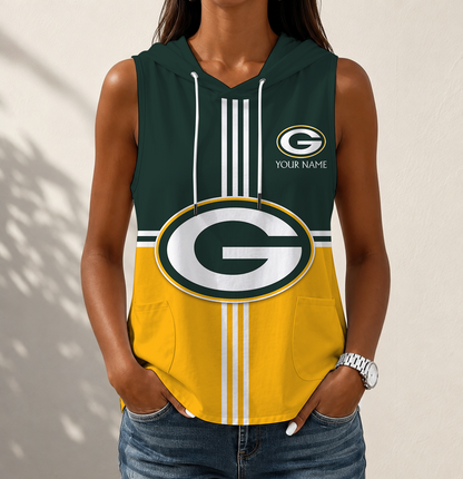 FINAL SALE - NEW CUSTOMIZED NFL08 GBP GREEN BAY PACKERS WOMEN'S SLEEVELESS HOODED POCKET TANK TOP
