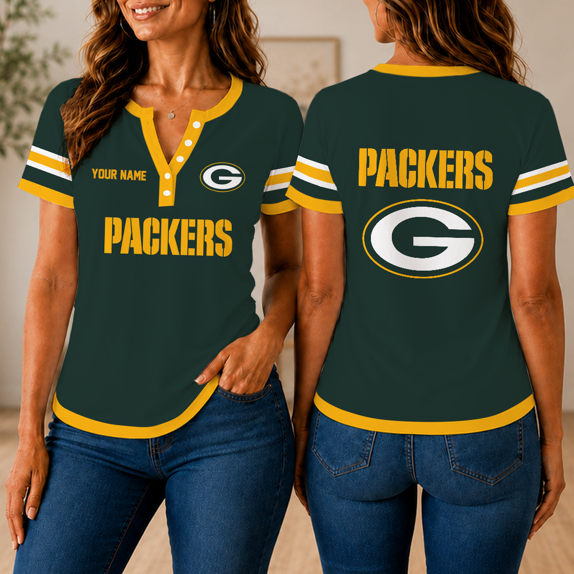 SPECIAL EDITION - NEW CUSTOMIZED NFL08 GBP GREEN BAY PACKERS WOMEN'S SHORT SLEEVE HENLEY T-SHIRT
