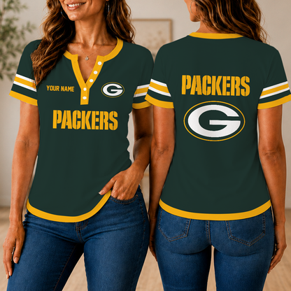 SPECIAL EDITION - NEW CUSTOMIZED NFL08 GBP GREEN BAY PACKERS WOMEN'S SHORT SLEEVE HENLEY T-SHIRT