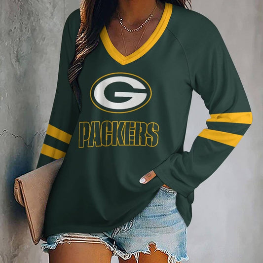 FLASH SALE - NEW CUSTOMIZED NFL08 GBP GREEN BAY PACKERS WOMEN'S V-NECK LONG SLEEVED SHIRT