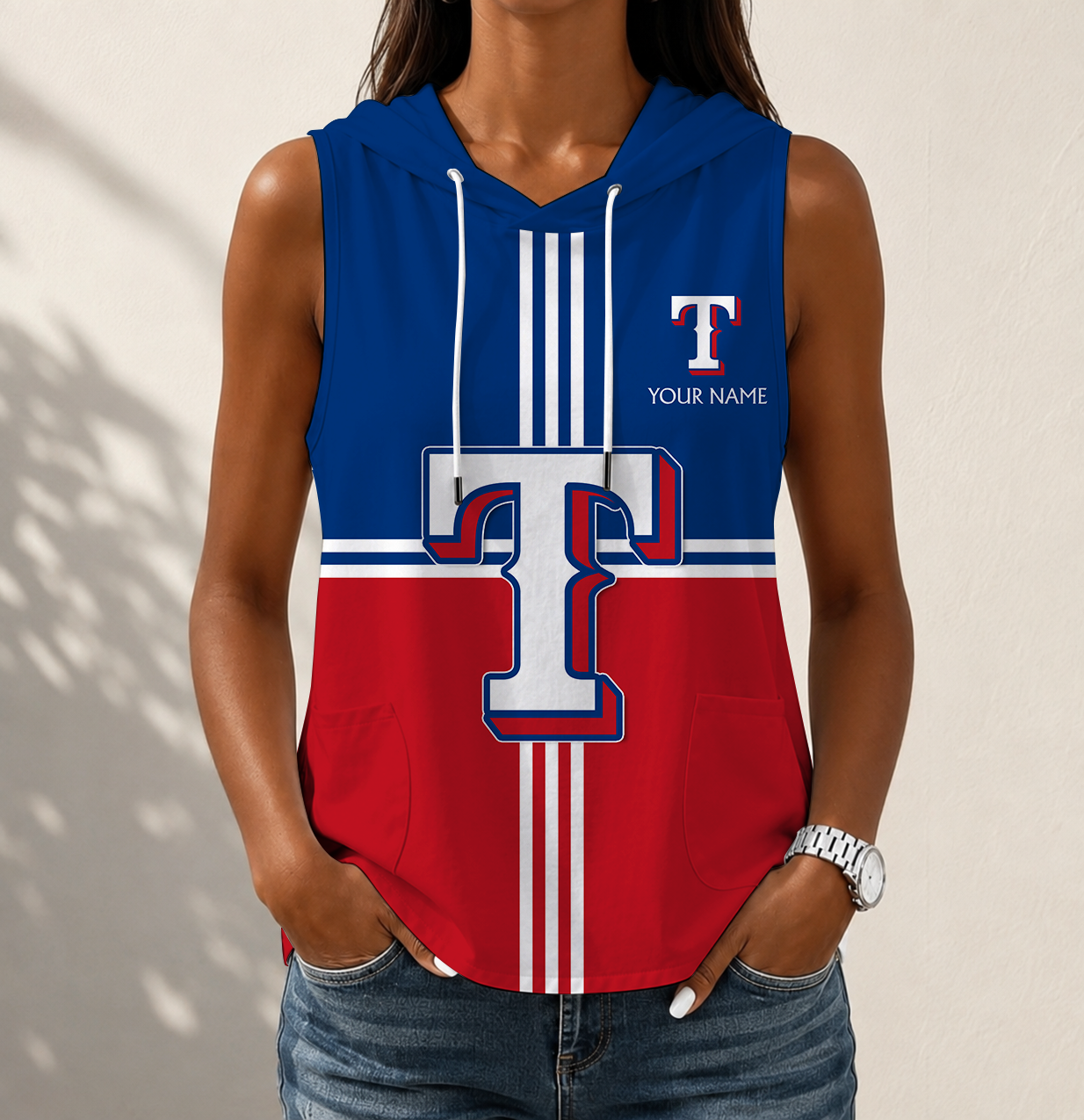 VIRAL EDITION - NEW CUSTOMIZED MLB08 TRS TEXAS RANGERS WOMEN'S SLEEVELESS HOODED POCKET TANK TOP