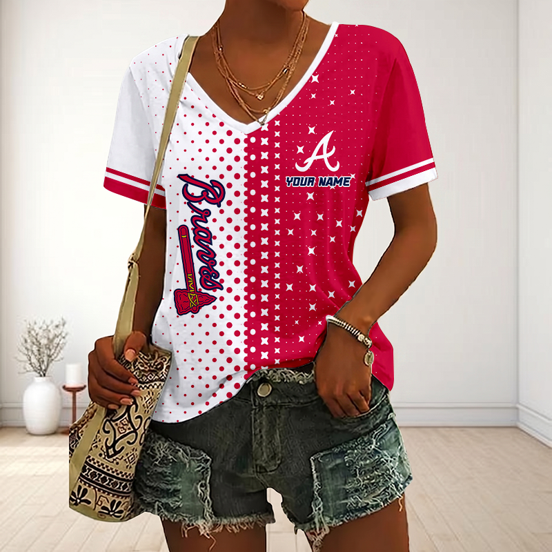 FINAL SALE - NEW CUSTOMIZED MLB09 ABS ATLANTA BRAVES V-NECK FEMALE SHIRT