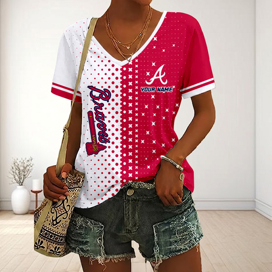 FINAL SALE - NEW CUSTOMIZED MLB09 ABS ATLANTA BRAVES V-NECK FEMALE SHIRT