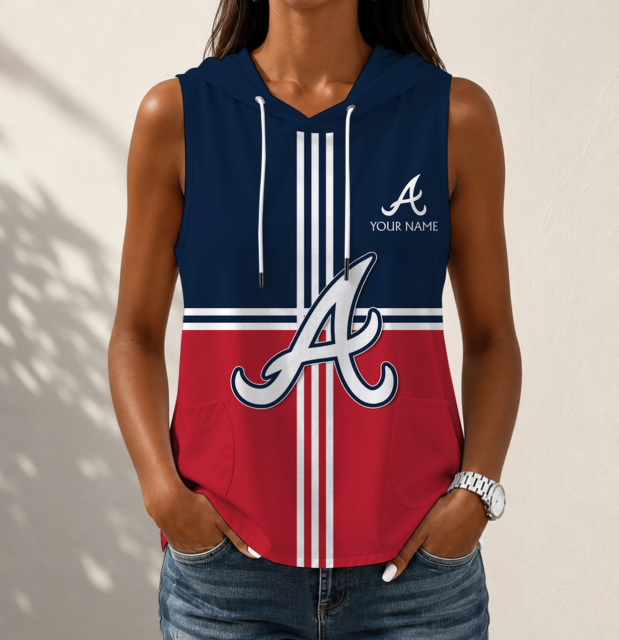VIRAL EDITION - NEW CUSTOMIZED MLB09 ABS ATLANTA BRAVES WOMEN'S SLEEVELESS HOODED POCKET TANK TOP