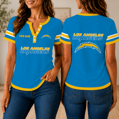 SPECIAL EDITION - NEW CUSTOMIZED NFL09 LAC LOS ANGELES CHARGERS WOMEN'S SHORT SLEEVE HENLEY T-SHIRT