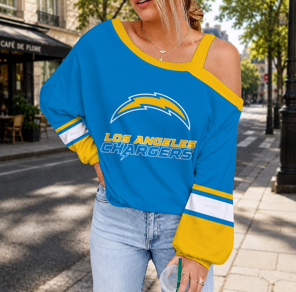 LIMITED EDITION - NEW CUSTOMIZED NFL09 LAC LOS ANGELES CHARGERS DROP SHOULDER SWEATSHIRT