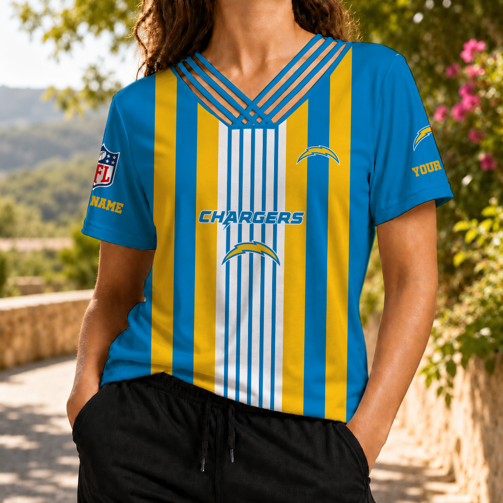 FINAL SALE - NEW CUSTOMIZED NFL09 LAC LOS ANGELES CHARGERS V-NECK SHIRT