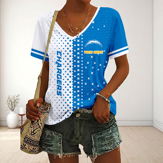 FINAL SALE - NEW CUSTOMIZED NFL09 LAC LOS ANGELES CHARGERS V-NECK FEMALE SHIRT
